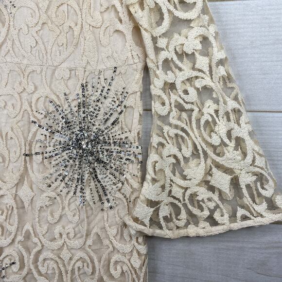 Free People Dress Sz 12 Cream Embroidered Lace Sequins Cottage Fairy Romantic - Picture 2 of 11